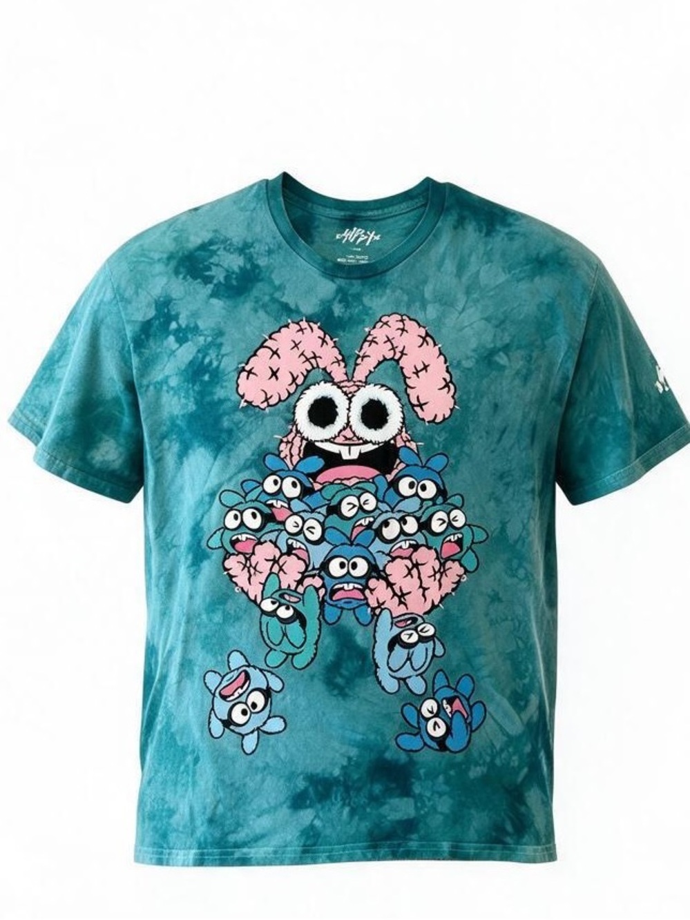 Graphic Tie-Dye Teal Short Sleeve Tee with Playful Character Print 22" PTP